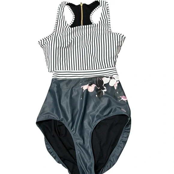 Albion Bon Voyage stripe floral one piece swimsuit size XL tie back zip closure - Picture 2 of 8